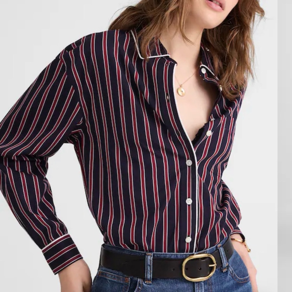 Madewell Navy Striped Button-Down Shirt with Red & White‎ Stripes